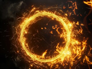 Abstract glowing circle with fiery particles and sparks on a dark backdrop.