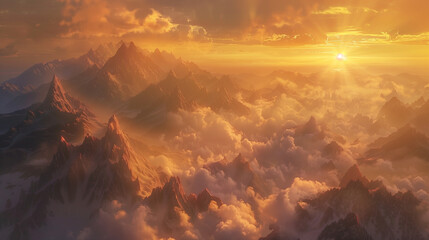 a misty mountain range at sunrise, where the first light of day bathes the peaks in warm hues