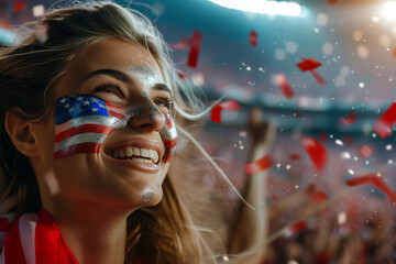 Dynamic USA celebration close-up, a woman with their face painted in the iconic stars and stripes of the American flag