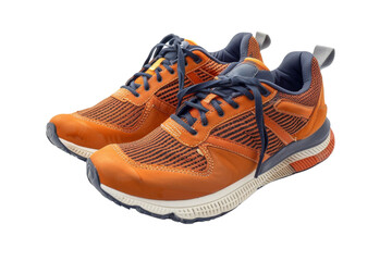 Orange running shoes with navy blue details isolated on transparent background