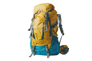 Yellow and blue outdoor backpack with multiple compartments isolated on transparent background