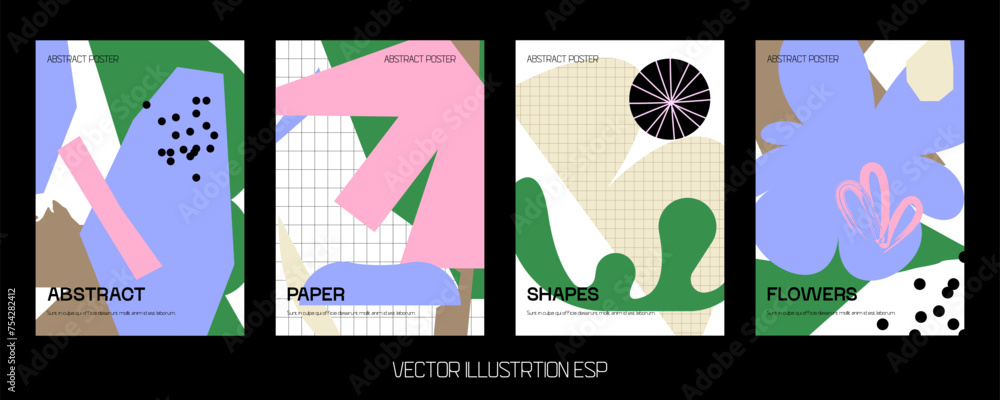 Poster colorful vector minimalistic posters with bizarre abstract geometric unusual shapes and forms with d