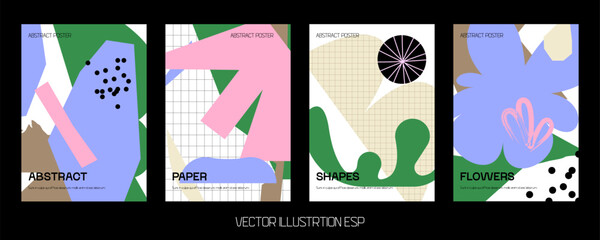 Colorful vector minimalistic Posters with bizarre abstract geometric unusual shapes and forms with different textures in matisse style, Modern wall art with aesthetic naive figures.
