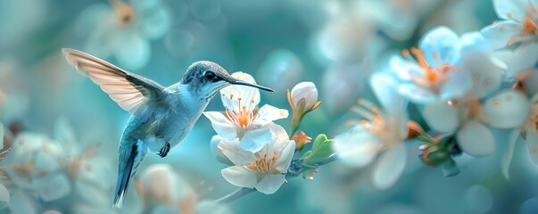 Obraz premium Hummingbird feeds from a delicate blossom. Concept Nature, Wildlife, Hummingbird, Blossom, Delicate