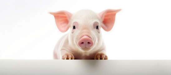 A small and cute pig is curiously looking over a white surface. The pig seems happy and content in its surroundings, showing a sense of curiosity and playfulness.