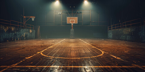 An empty basketball court with a spotlight shining on the hoop, banner