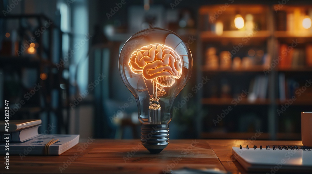 Poster a light bulb with a brain inside of it. the bulb is lit up and surrounded by a blurry background. co
