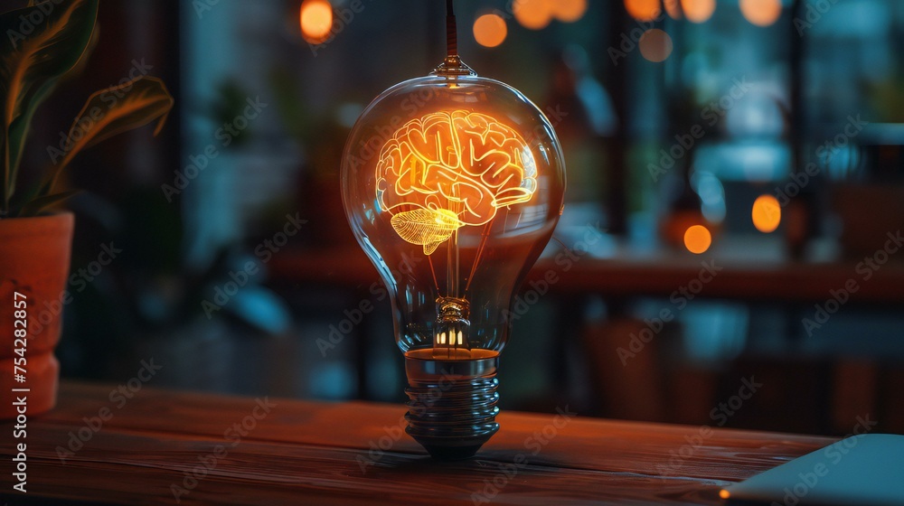 Poster a light bulb with a brain inside of it. the bulb is lit up and surrounded by a blurry background. co