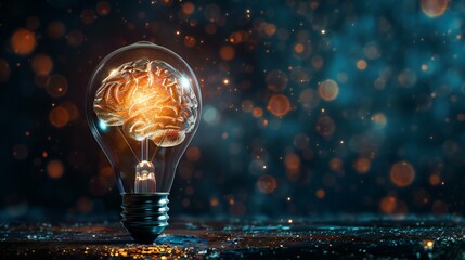 A light bulb with a brain inside of it. The bulb is lit up and surrounded by a blurry background. Concept of creativity and innovation - obrazy, fototapety, plakaty