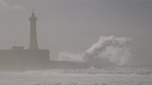 Massive waves hit the coastline of Rabat in Morocco during a storm on the Atlantic Ocean
