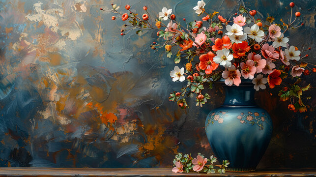 A large vintage blue vase with red and gold flowers on an old wall, in the style of oil painting