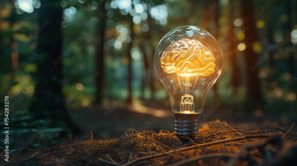 Poster a light bulb with a brain inside of it. the bulb is lit up and surrounded by moss