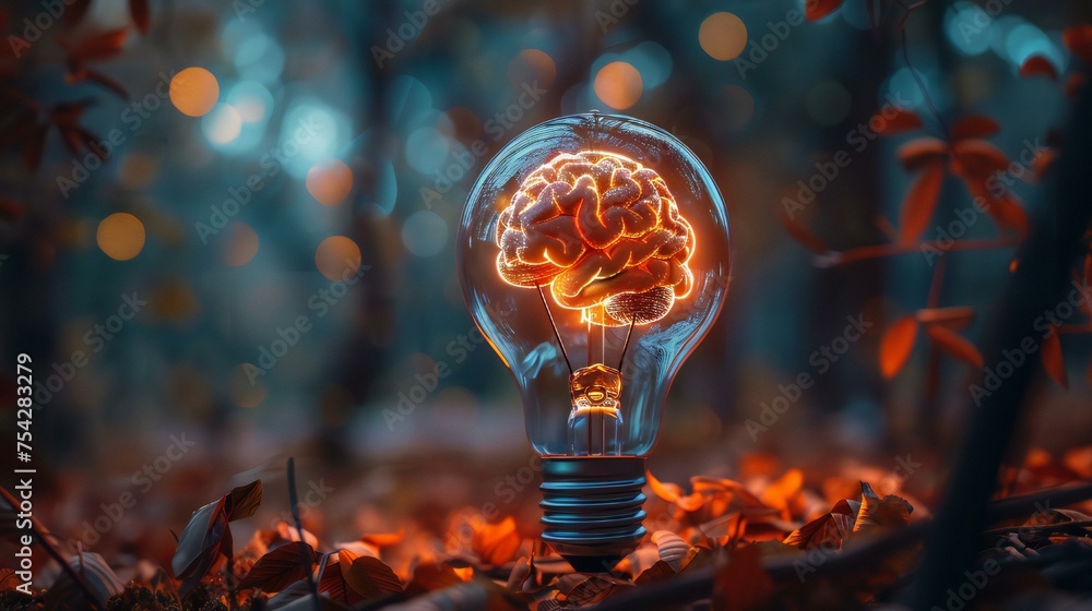 Poster a light bulb with a brain inside of it. the bulb is lit up and surrounded by a blurry background. co
