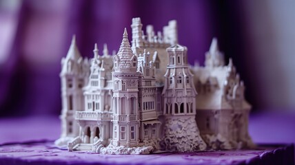 Intricately detailed miniature castle model on a purple background