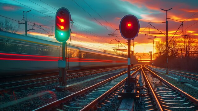 Railway traffic light showing red signal at sunset with train in the background