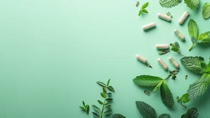 Herbal capsules and fresh mint leaves scattered on a green background