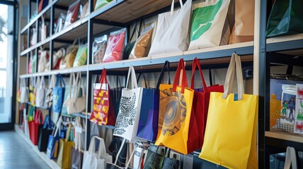 Colorful shopping bags on display, representing consumerism and retail variety