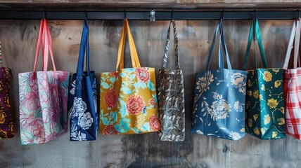 A collection of colorful shopping bags displayed on a wooden rack, showcasing diverse patterns - obrazy, fototapety, plakaty