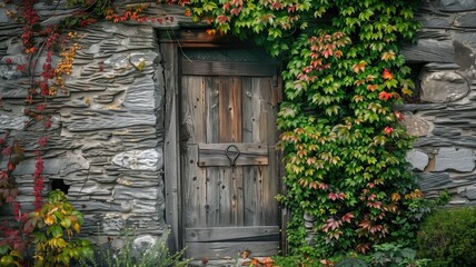 Fototapeta na wymiar An old wooden door of a stone cottage, adorned with colorful autumn ivy