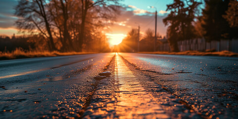 A stretch of road in the middle of an asphalt road glistening in the sun. Bokeh in the background. Sunset, sunrise, nature.