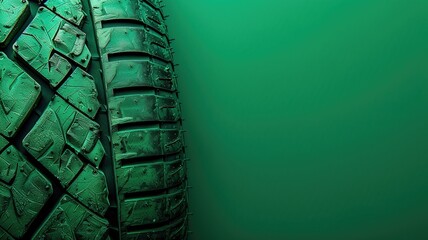 A close-up of a green tire tread pattern, emphasizing grip and durability in design