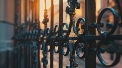 Detailed wrought iron fence casting shadows in evening light