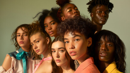 A group of models posing for the camera, of mixed race and different ethnicities, wearing pastel colors, in a studio, fashion photography, magazine cover, commercial photography