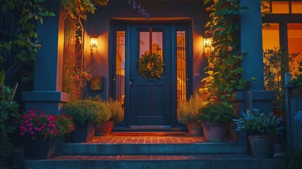 Welcoming Home Entrance at Twilight with Warm Light and Lush Greenery