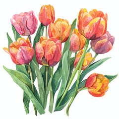 A cluster of tulips in a garden. watercolor clipart isolated