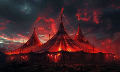 Large Red Tent Under Cloudy Sky