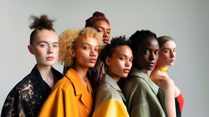 A group of young models posing in fashion for the camera, with diversity in different ethnicities and skin colors against a white background