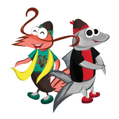 Cute Funny Cartoon Shrimp and Fish with Traditional Costume Illustration