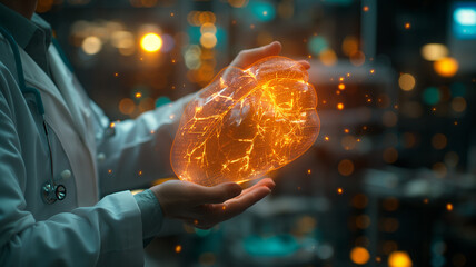 A futuristic medical scene with a doctor examines a digital heart model