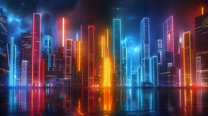 Neon-lit skyline with colorful vertical light streaks reflecting on wet surface