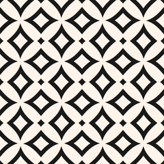 Abstract black and white geometric ornament. Simple vector seamless pattern with diamonds, curved lines, repeat tiles. Elegant oriental style background. Monochrome texture. Stylish repeated design