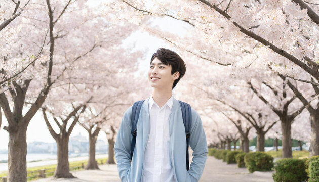 桜背景の男の子（入学式、進学、進級、新しい門出のイメージ素材）