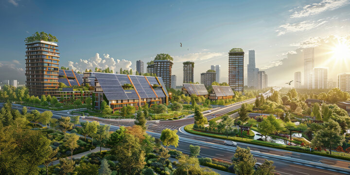3D rendering of an ecofriendly city with solar panels, green buildings and smart transportation with blue sky background