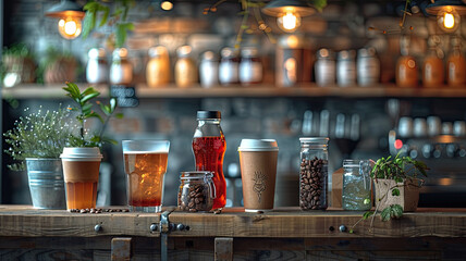 Assorted beverages and ingredients on a bar counter with a blurred background of a bar shelf.