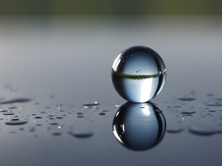 Water drops reflecting the surrounding environment, clear sky. Unique and abstract reflections in water droplets.