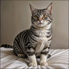 A tabby cat sits comfortably on a white bed.