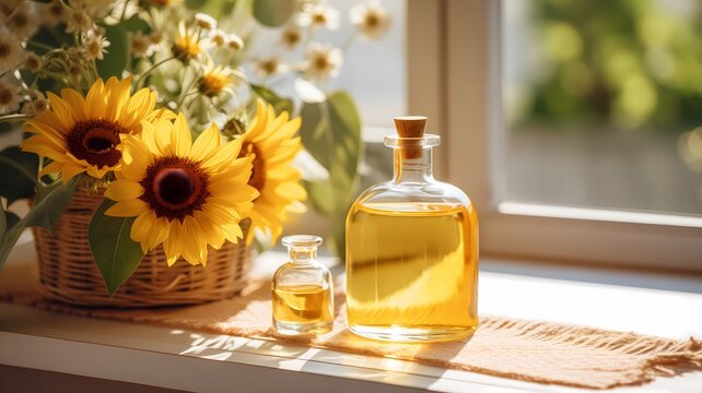 Arranjo acolhedor com girass&oacute;is em cesta e garrafas de &oacute;leo de girassol, banhados pela luz do sol numa janela.