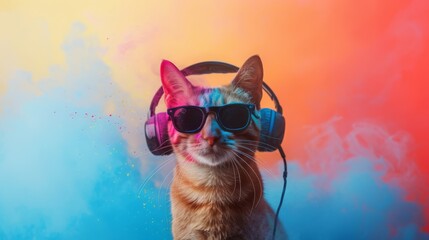 cat wearing headset and sunglasses on colorful smoke background