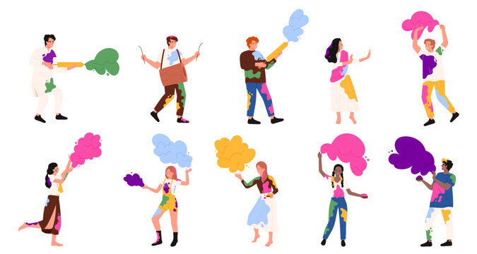 Happy people on Holi Hindu festival set. Male and female characters playing with colorful powder splashes, man and woman greeting with Festival of Colors, Love and Spring cartoon vector illustration