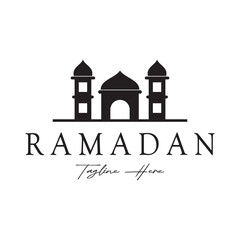 Ramadan Mubarak logo with lantern elements, crescent moon and star mosque building, Islamic calligraphy pattern, for business, architecture, Muslims, Eid, Eid cards, Islamic education