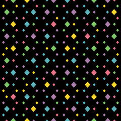 Vector colorful geometric seamless pattern. Cute minimalist abstract background with small rhombuses, diamonds. Rainbow texture design in blue, green, yellow, pink, purple color on black backdrop
