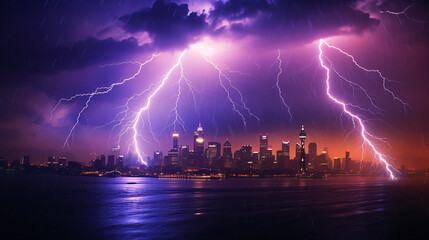 Lightning storm over city in purple light - Powered by Adobe