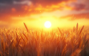 Naklejka premium Realistic Photograph of Wheat Silhouettes Against a Vivid Orange Sunset