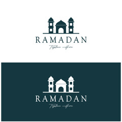 Ramadan Mubarak logo with lantern elements, crescent moon and star mosque building, Islamic calligraphy pattern, for business, architecture, Muslims, Eid, Eid cards, Islamic education