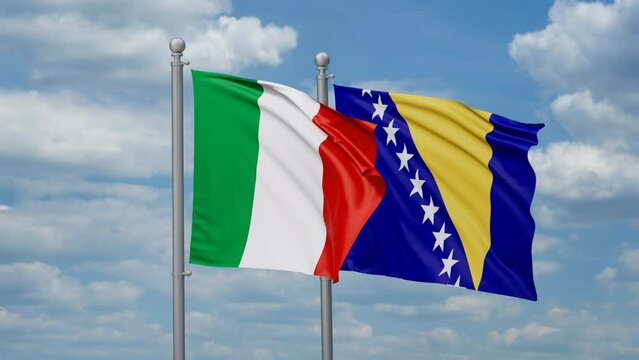 Italy and Bosnia and Herzegovina flags waving together, looped video