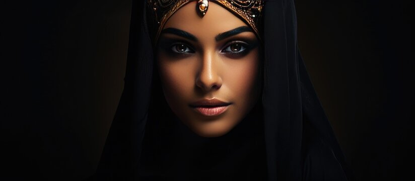 A portrait of a woman with Arabian makeup wearing a headdress and a veil known as a black paranja, set against a dark background.